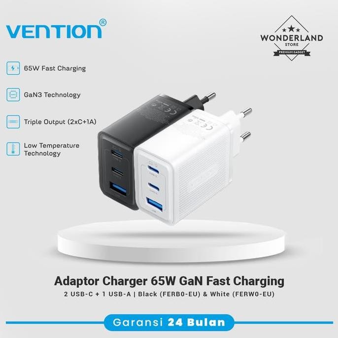 Vention Adaptor Charger 65W 2 Usb-C + 1 Usb-A (65W/65W/60W) Pd Qc Pps Fast Charging Fer