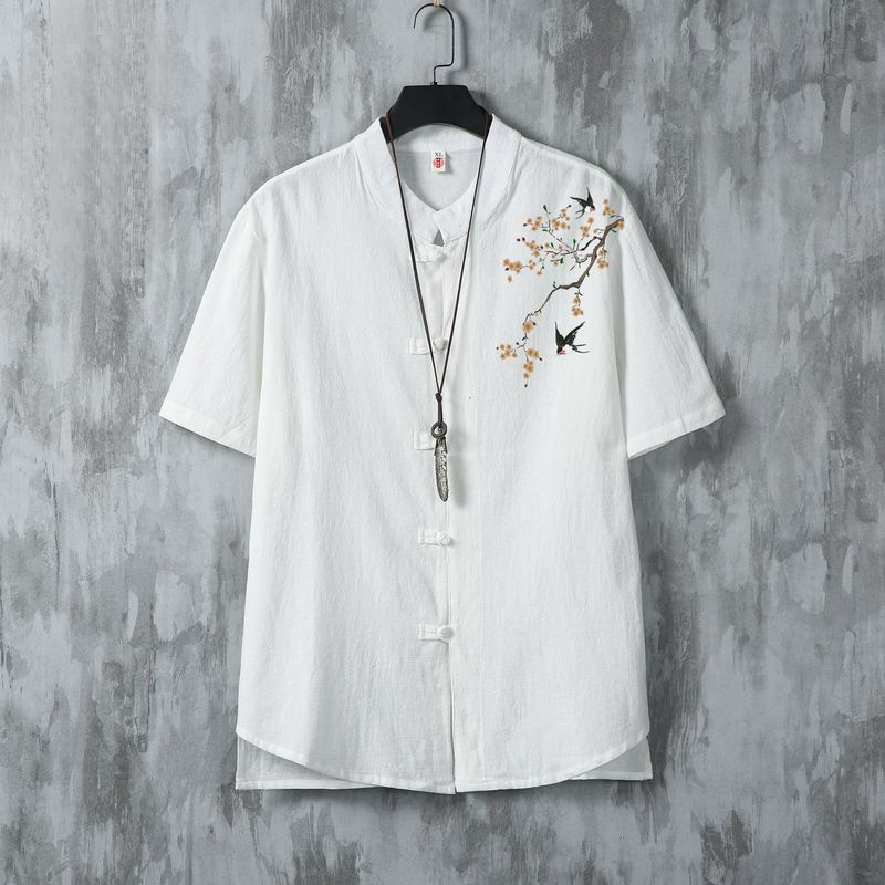Kemeja Pria Linen Gaya Cina Cetak Longgar Tiga Perempat