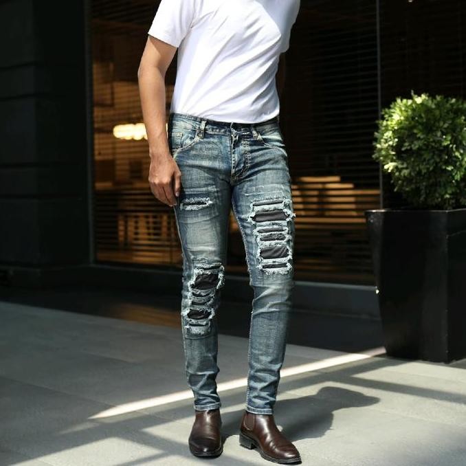 North Denim Celana Jeans Denim Panjang Pria Strech Ripped Patch Cotton - Blast Blue