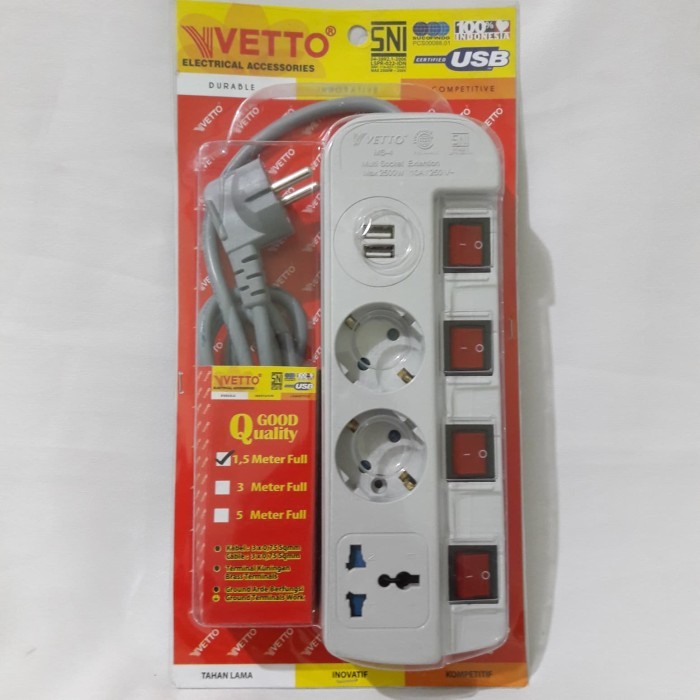BEBAS ONGKIR - Stop Kontak 2 Lubang+2 USB+4 Saklar+1 Colokan kaki 3+Kabel 1,5m VETTO