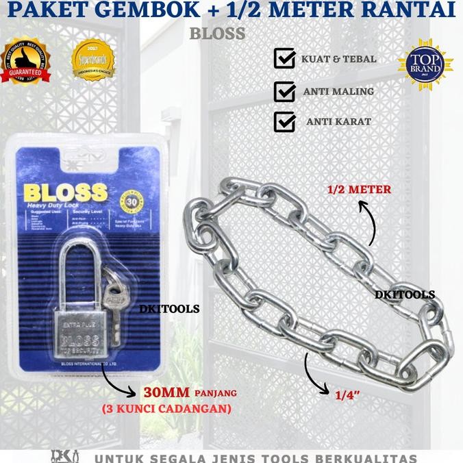 Paket Gembok 30Mm Bloss Panjang + Rantai 1/2 Meter Kuat Anti Karat & Tebal (1/4") Original