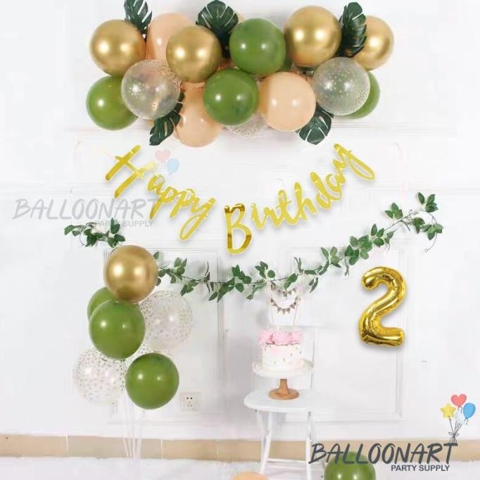 Retro Sage Green And Gold Birthday Decoration Set/Dekorasi Ultah Anak
