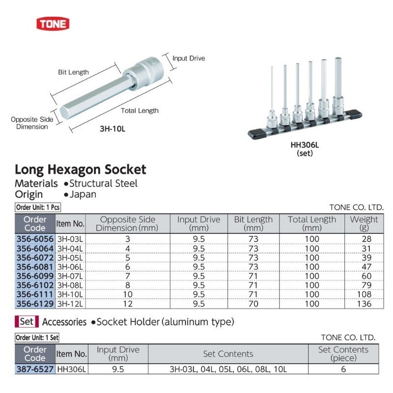 By TRUSCO Long Hexagon Socket Sq.Dr 3/8 Inch Size 6 mm TONE 3H-06L