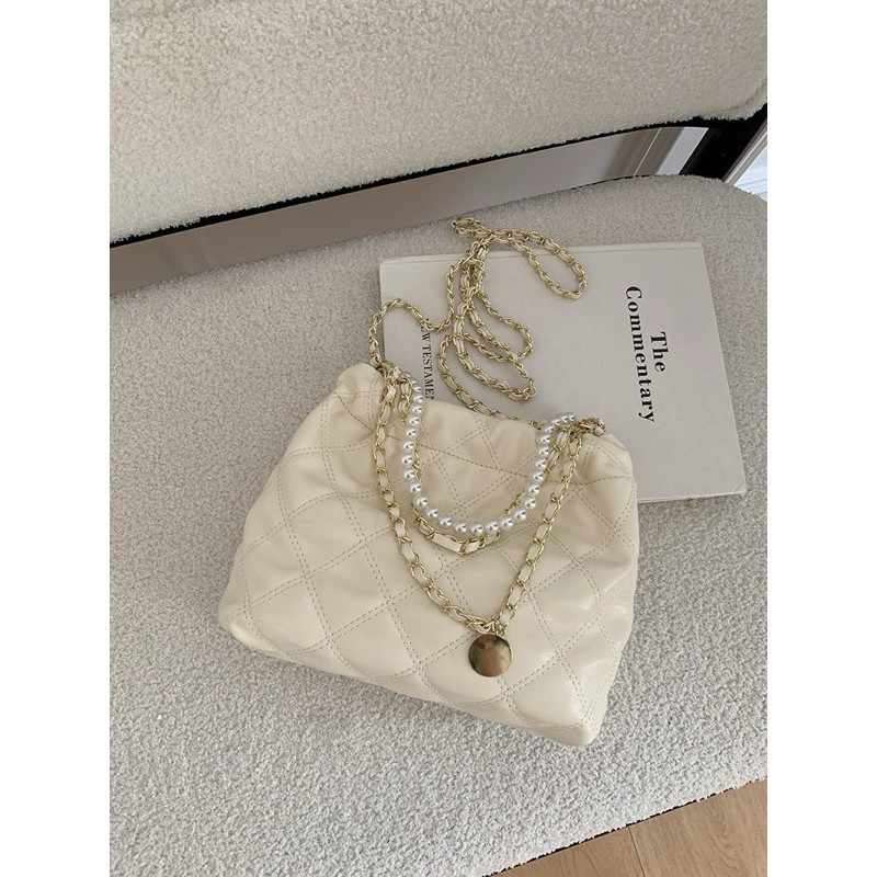 New Tas Selempang Kulit Wanita Tas Cewek Serut Rantai Mutiara GC 8847 (Tirs)