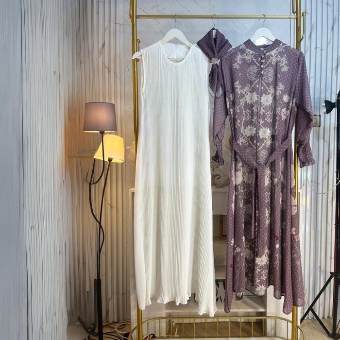 Murah Adara Series Set Gamis Lebaran Inner + Outer + Jilbab + Ikat Pinggang - Motif Floral Bunga