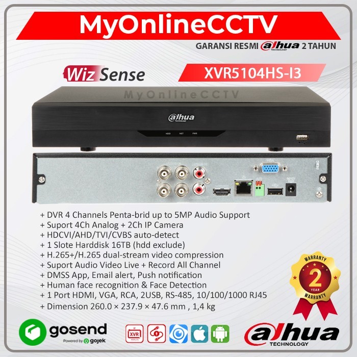 TERBARU XVR5104HS-I3 Dahua DVR Kamera CCTV 4CH WizSense Up To 5MP