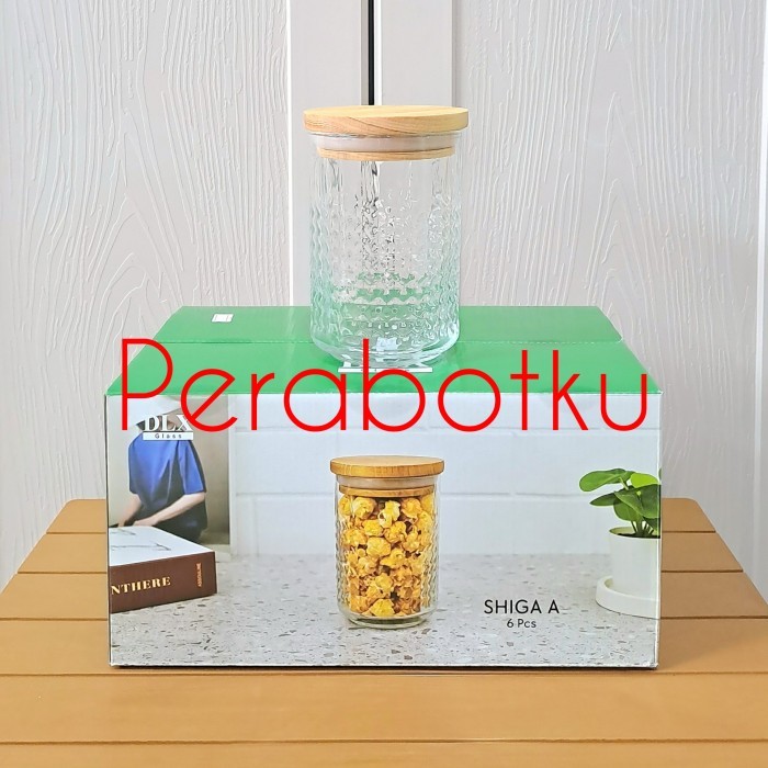 Toples Shiga A 600 ml DLX Set 6 Pcs /Toples Kue Kaca Bening Tutup Kayu