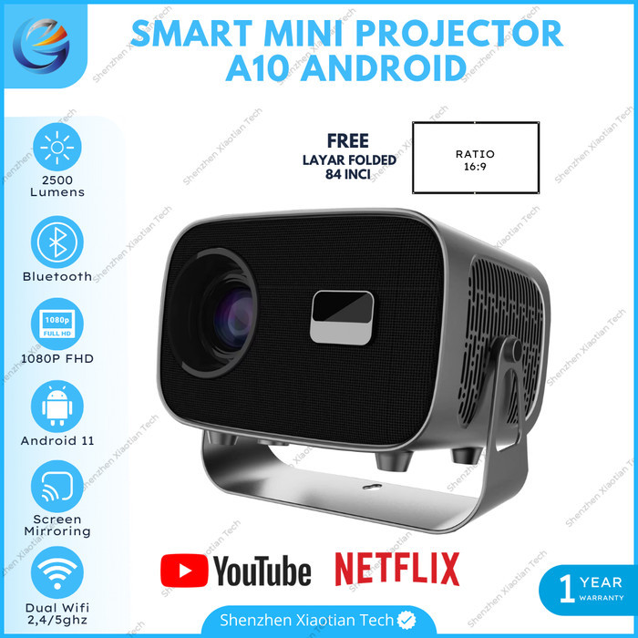 TERLARIS Proyektor Mini LED A10 Android 11.0 Wifi 2500 Lumens Proyektor Mini Android TV Proyektor