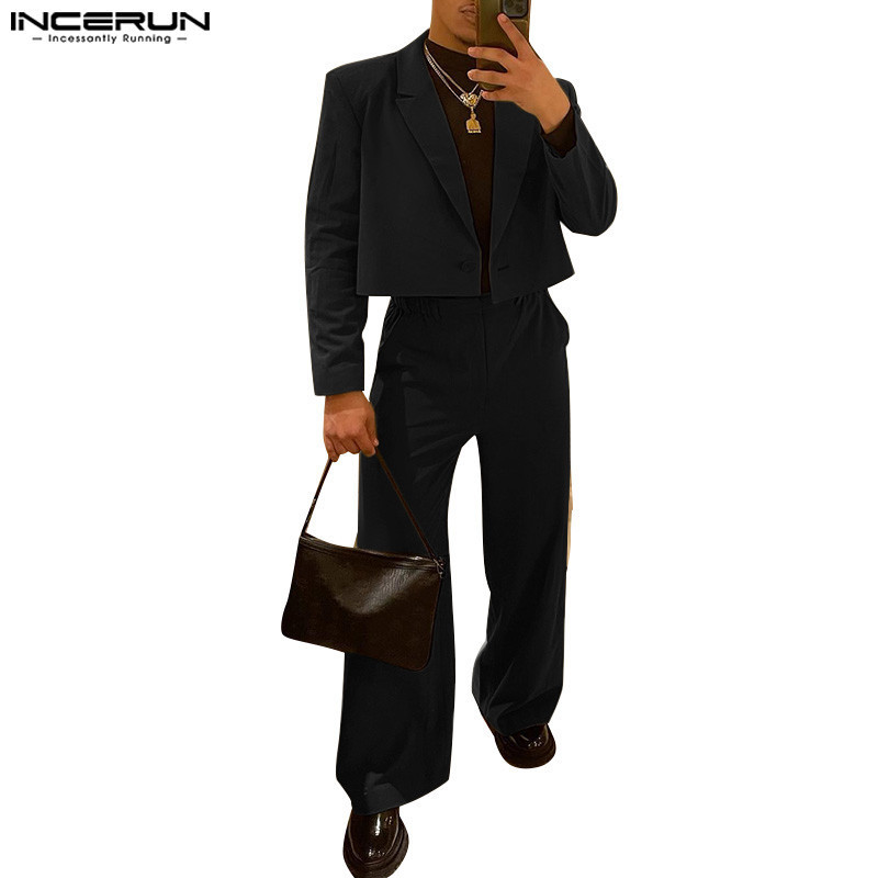 INCERUN Setelan Dua Potong Fashion Warna Polos Sederhana Lengan Panjang Vintage Pria |A9F671D7|