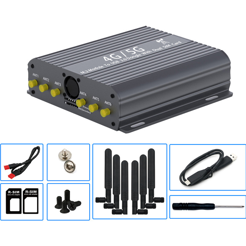 5G 4G Module Modem USB 3.0 to NGFF M.2 Key-B Adapter 2 SIM Card Slot with 6 Antennas & Protective Ca