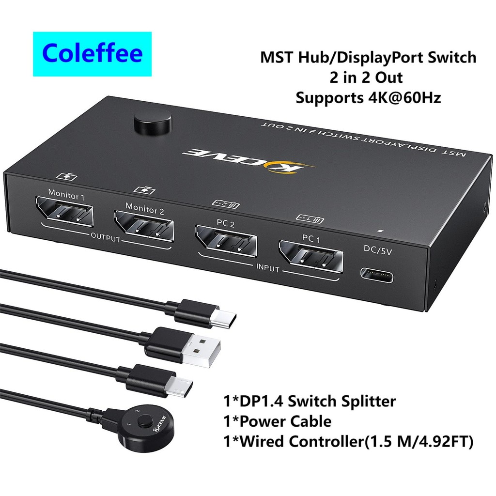 DisplayPort Switch Splitter DisplayPort 1.4 MST Hub DP1.4 Switcher Box 2 in 2 Out Supports 4K Compat