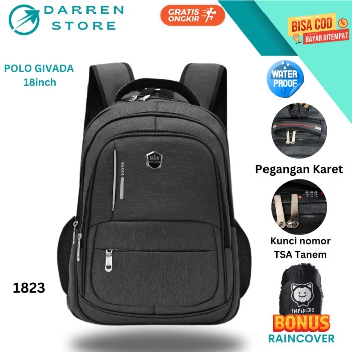 

TERLARIS RANSEL POLO GIVADA 1823 BACKPACK UKURAN 18INCH TAS PRIA KUNCI TSA TANAM ANTI MALING - USB -