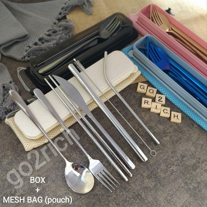 Sendok Set Sendok Korea Set Garpu Sumpit Pisau Sedotan Stainless Steel