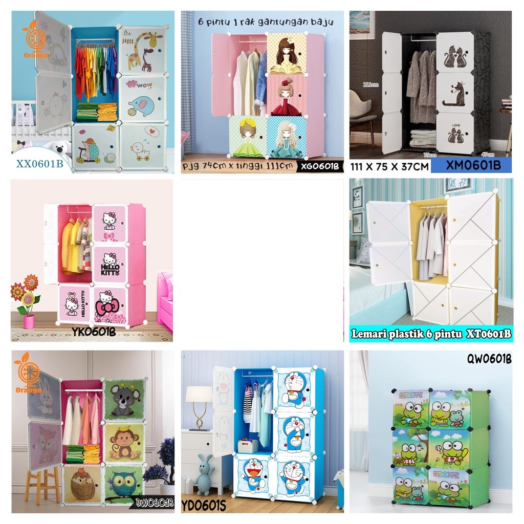 LEMARI 6 PINTU PAKAIAN PLASTIK SERBAGUNA PORTABLE MULTIFUNGSI KARAKTER RAK BAJU