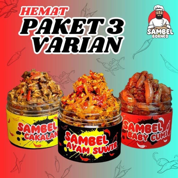 

TERLARIS SAMBEL BORNEO - PAKET 3 VARIAN (CAKALANG, BABY CUMI, AYAM SUWIR) MURAH!!! MURAH