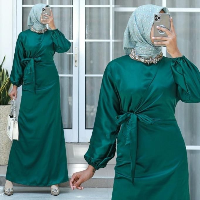 Nadira Satin Kondangan Bridesmaid Mewah Dress Gamis Lengan Panjang Wanita Muslimah Terbaru 2025 DRS 