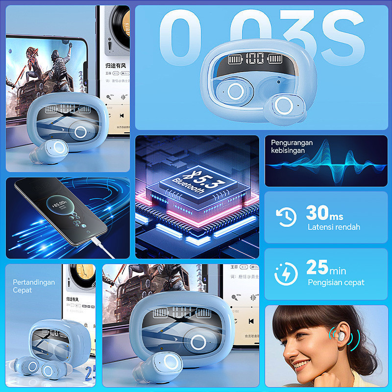 Headset Bluetooth Gaming No Delay Earphone Earbuds Wireless Earphone Bluetooth V5.4 TWS Nirkabel