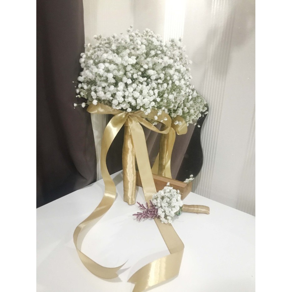 HANDBOUQUET/BUKET WEDDING + COURSAGE BABY BREATH (BUNGA ASLI)