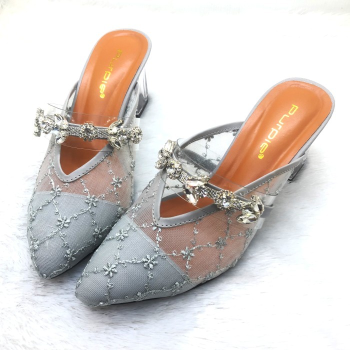 Sandal Pesta Brukat Wanita Heels Bening Mewah Big Size Model Terbaru