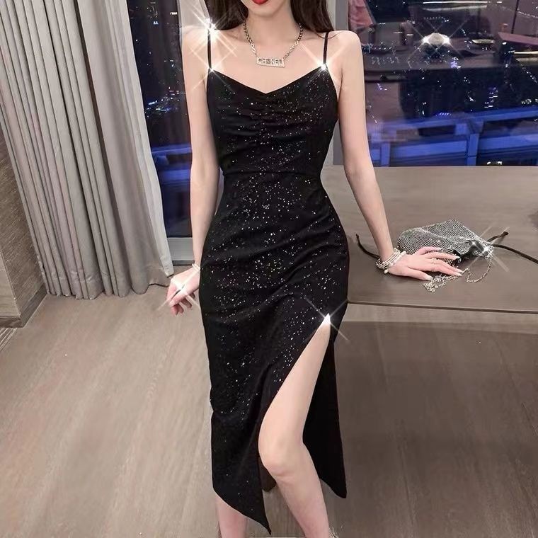 Sequin Strap Dress for Women Elegant Mid-Length