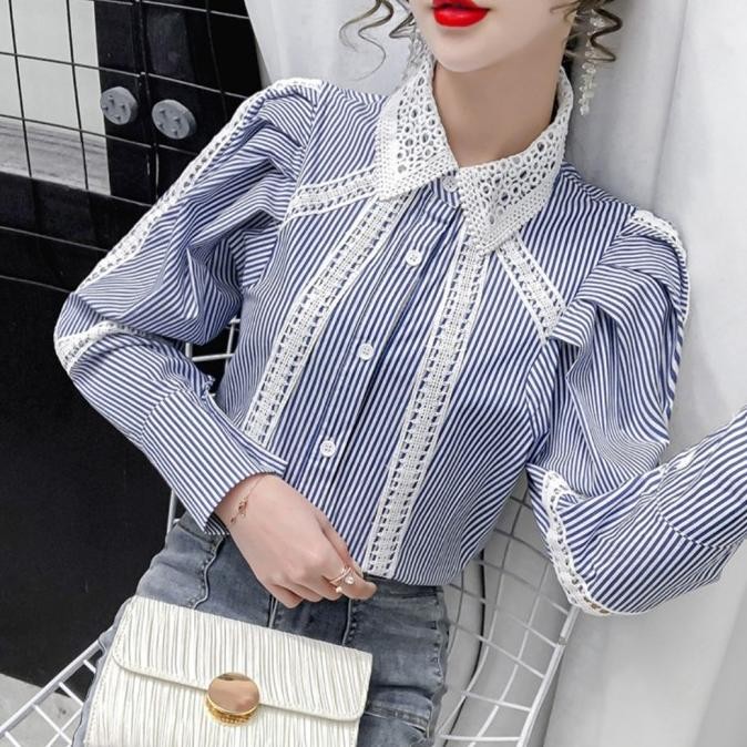 Gioberta Puff Sleeve Striped Shirt Kemeja Wanita Import TM 2383 Terlaris