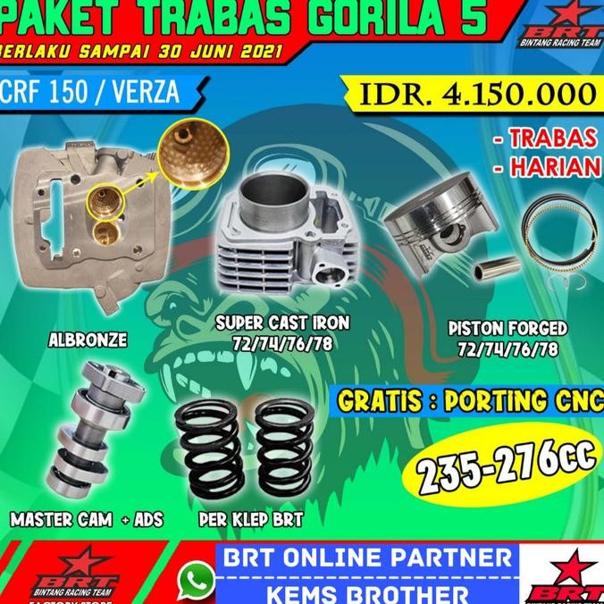 PAKET TRABAS GORILA 5 CRF HEAD BRT BLOK BRT 250 -300CC