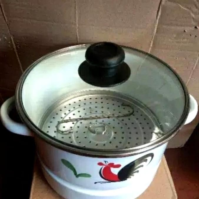 Panci kukus enamel motif ayam jago / dandang tutup kaca / uk 20 cm Terlaris