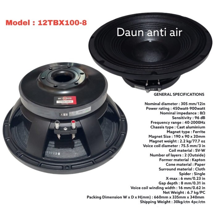Speaker Komponen B&C 12TBX100/12 TBX100 12 INCH Terbaru Berkualitas