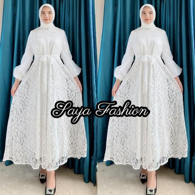 Gamis Putih Brukat Busui Tangan Organza Putih Polos Baju Maxi Muslim Lebaran 75611 Original