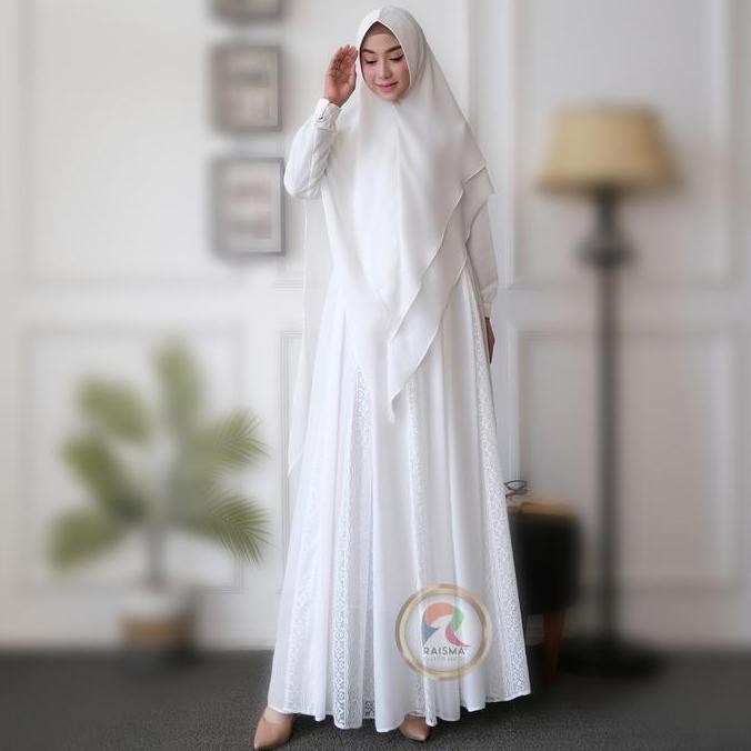 Raisma - Zubaidah Gamis Putih Syari Model Pecah12 Ceruti Jilbab Ceruti Jilbab Muslim Simple Original