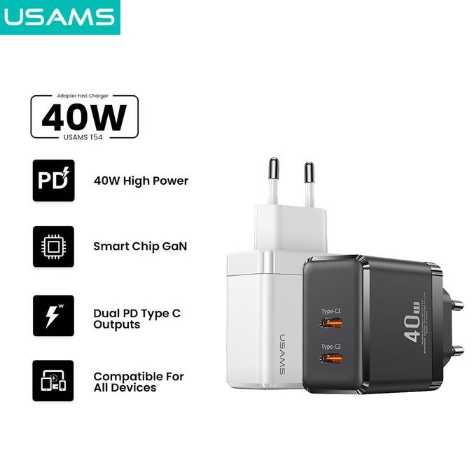 USAMS T54 Adapter Fast Charger GaN Dual Type C 40W