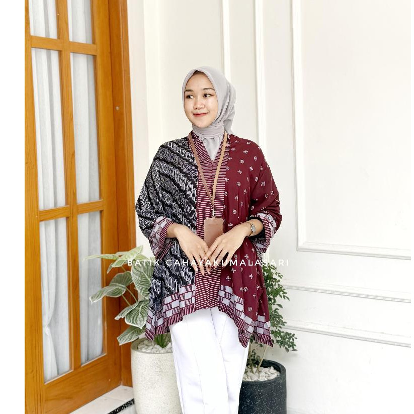 BIG SALE Outer Harumi Burgundy Bahan Rayon Paris - Atasan Batik Kerja Wanita Kekinian Warna Burgundy