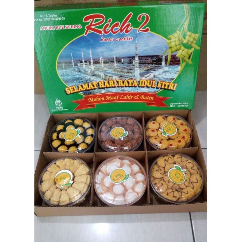 

Bisa COD Kue kering RICH 2 /hampers lebaran / kue kering toples campur isi 6 toples(isian kue 200gr-250gr )+ Free kartu ucapan (kue kering Sesuai foto) Berkualitas