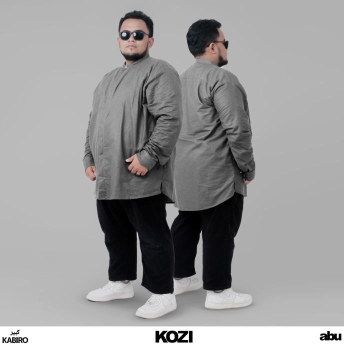 Kozi Kabiro Abu Tua, Baju Koko Pria Jumbo Lengan Panjang Katun Full Resleting Cocok Untuk Outer Kaos