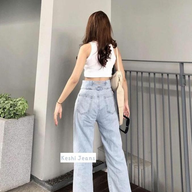 Promo Celana Jeans highwaist kancing 2 dua belakang silang - Loose jeans kulot Wanita Cewek  Panjang