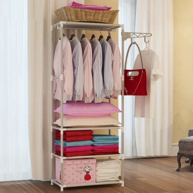 Lemari Baju Terbuka 3 Ambalan Kabinet Non Pintu Serbaguna Besi Minimalis Estetik Rak Tempat Pakaian 