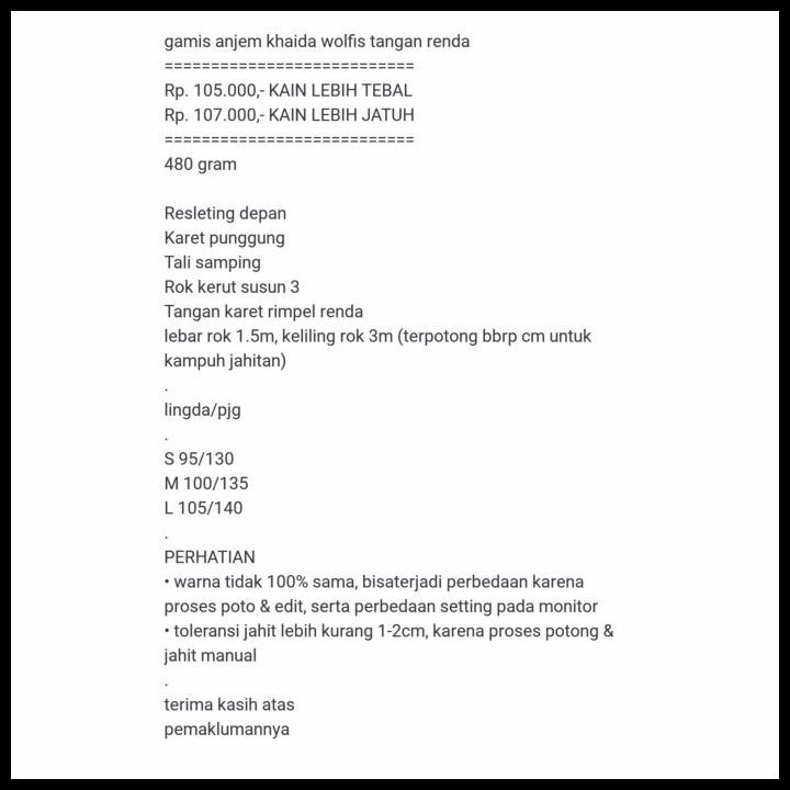 Terlaris Gamis Wolfis Polos Susun 3 Tangan Renda Allizberry Good Quality