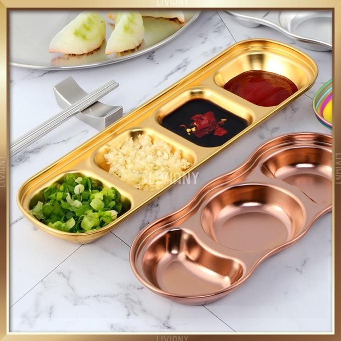 

sauce dish piring tempat saus bumbu kecap stainless gold 3 / 4 divider termurah