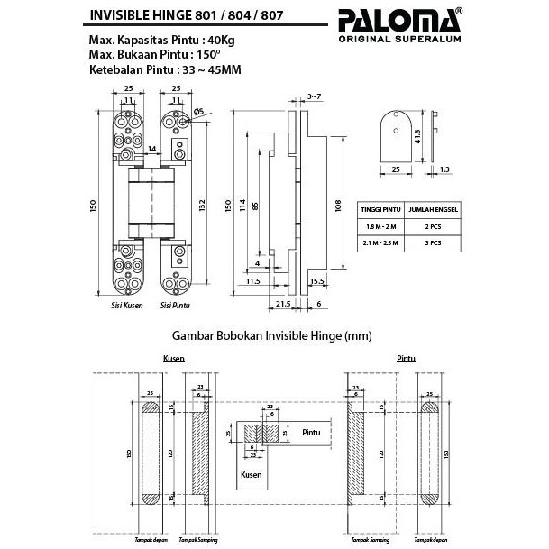 Engsel Hinge Paloma Concealed P40 Black #Engsel Tanam Pintu / Ihp 804 Original Dan Terpercaya