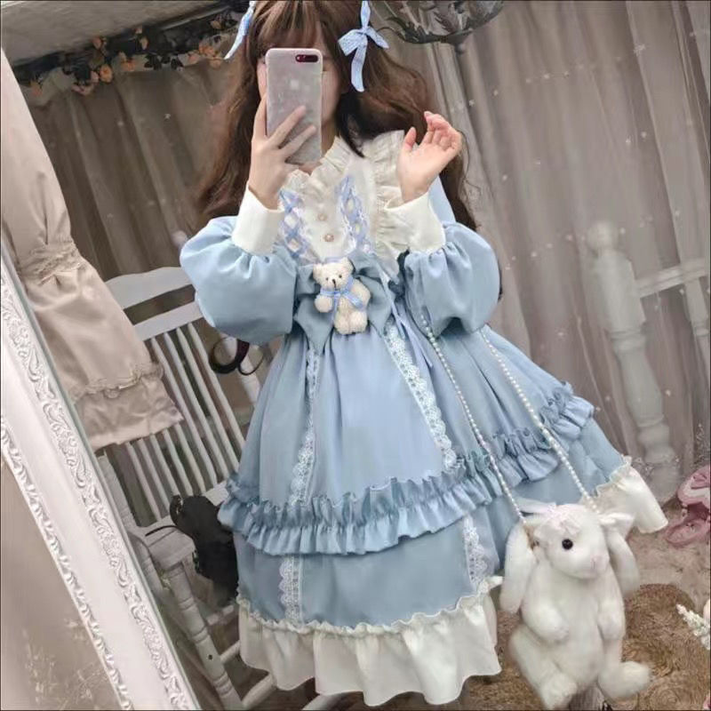 Lolita Sweet Style Waist-Tight Student lolita Cute Long Sleeve Dress