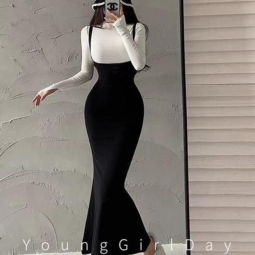 One Set Turtle Neck Long Sleeve Top + Strap Midi Dress 1570 (S/M/L/Xl)