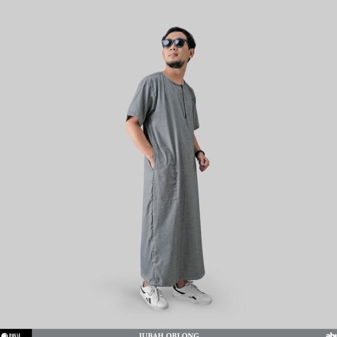 Jubah Oblong ROSAL Abu Tua Baju gamis pria al haramain lengan pendek tanpa kerah bahan Madinah Terla