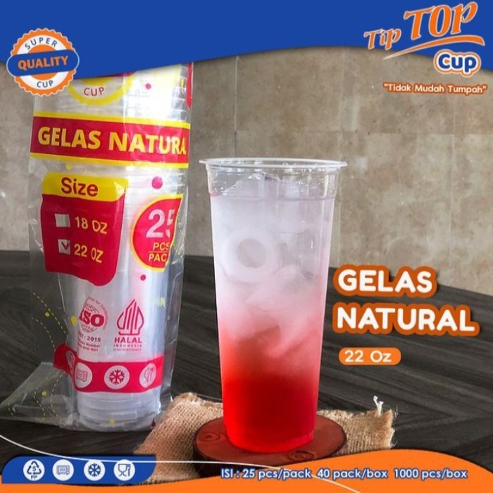 Gelas Plastik 22 oz Datar Slim merk Tiptop / Gelas Teh / Gelas Es Buah 22 oz Datar Slim - Grosir Dus