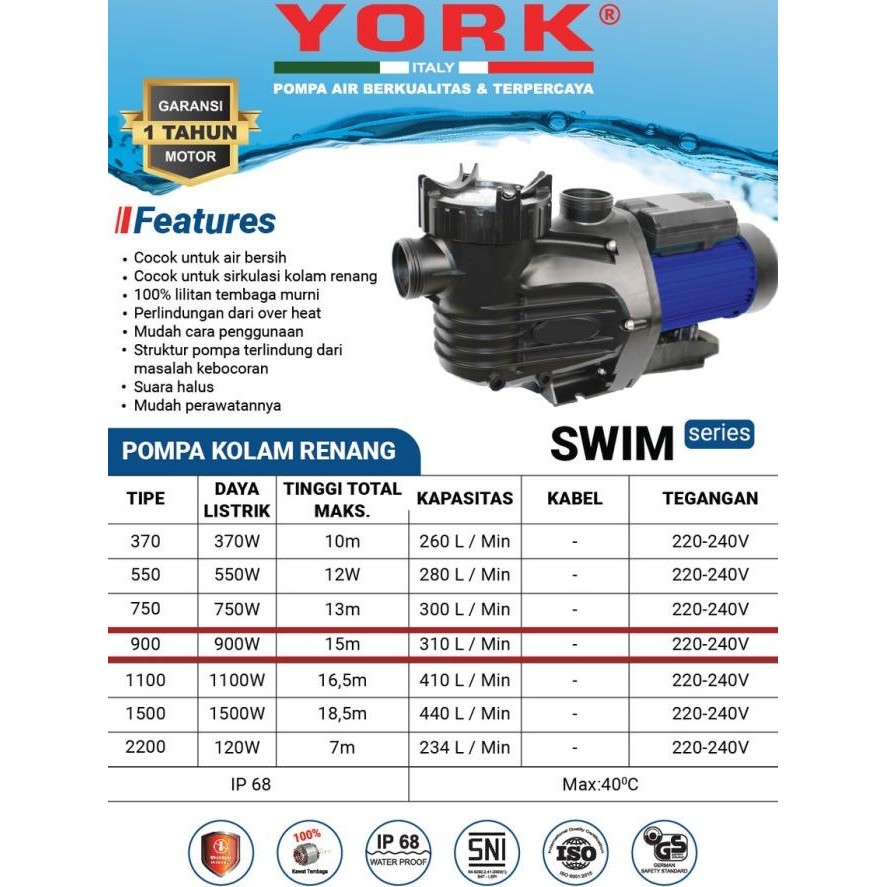 Buruan serbu] YORK SWIM 900 | pompa air kolam renang 900W 1,2HP 220v POMPA KOLAM RENANG YORK SWIM 90
