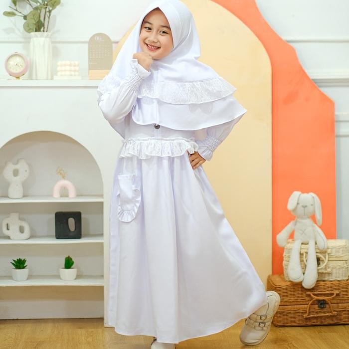 GAMIS ANAK PUTIH POLOS MARWAH BRUKAT KEKINIAN FREE KERUDUNG BAJU SYARI MEWAH REMAJA PESTA KONDANGAN