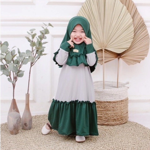 GAMIS ANAK 3-6 TAHUN PLUS HIJAB WARNA HIJAU BOTOL