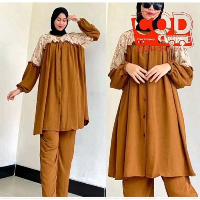 SET LONG TUNIK JUMBO CRINKLE MIX BRUKAT SETELAN JUMBO LONG TUNIK