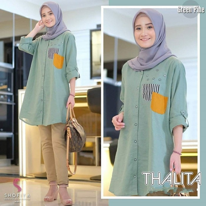 THALITA TUNIK MINT GREEN/BAJU ATASAN MUSLIM WANITA KEMEJA KATUN MOTIF