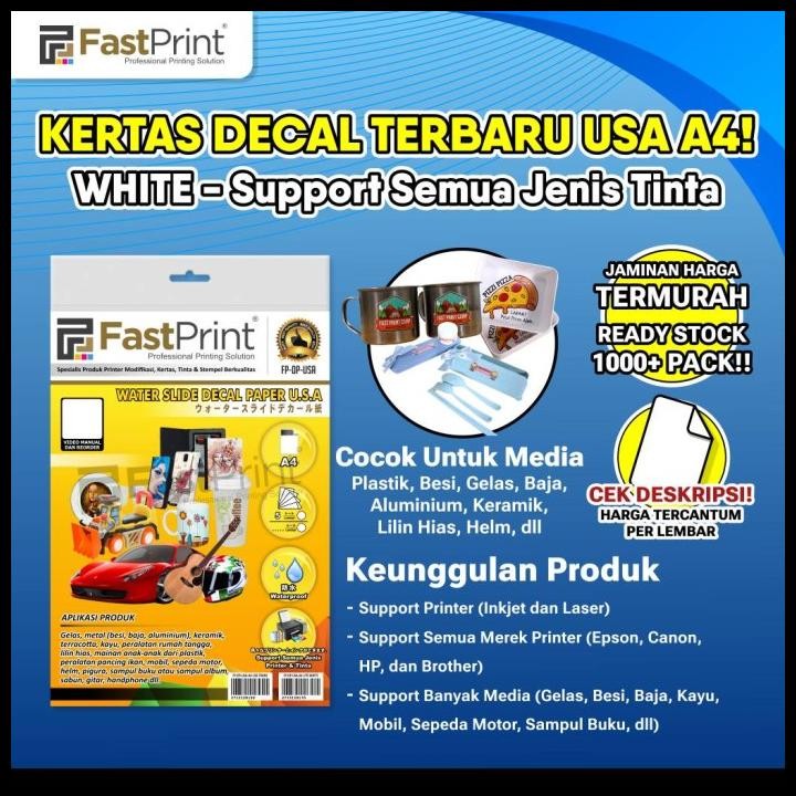 

Terlaris Fast Print Kertas Water Slide Decal Paper White Usa Ukuran A4 170 Gram Good Quality