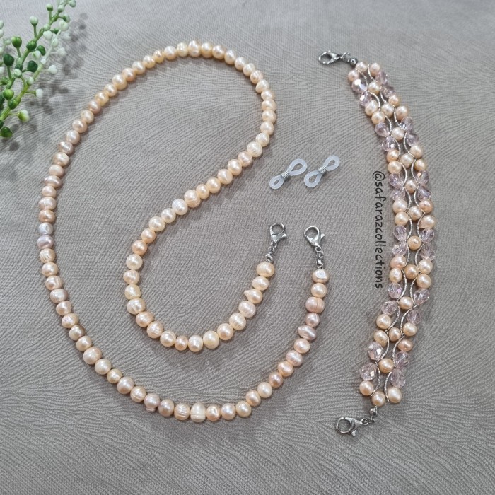 SET KALUNG / STRAP MASKER DAN KONEKTOR MASKER MUTIARA AIR TAWAR ASLI